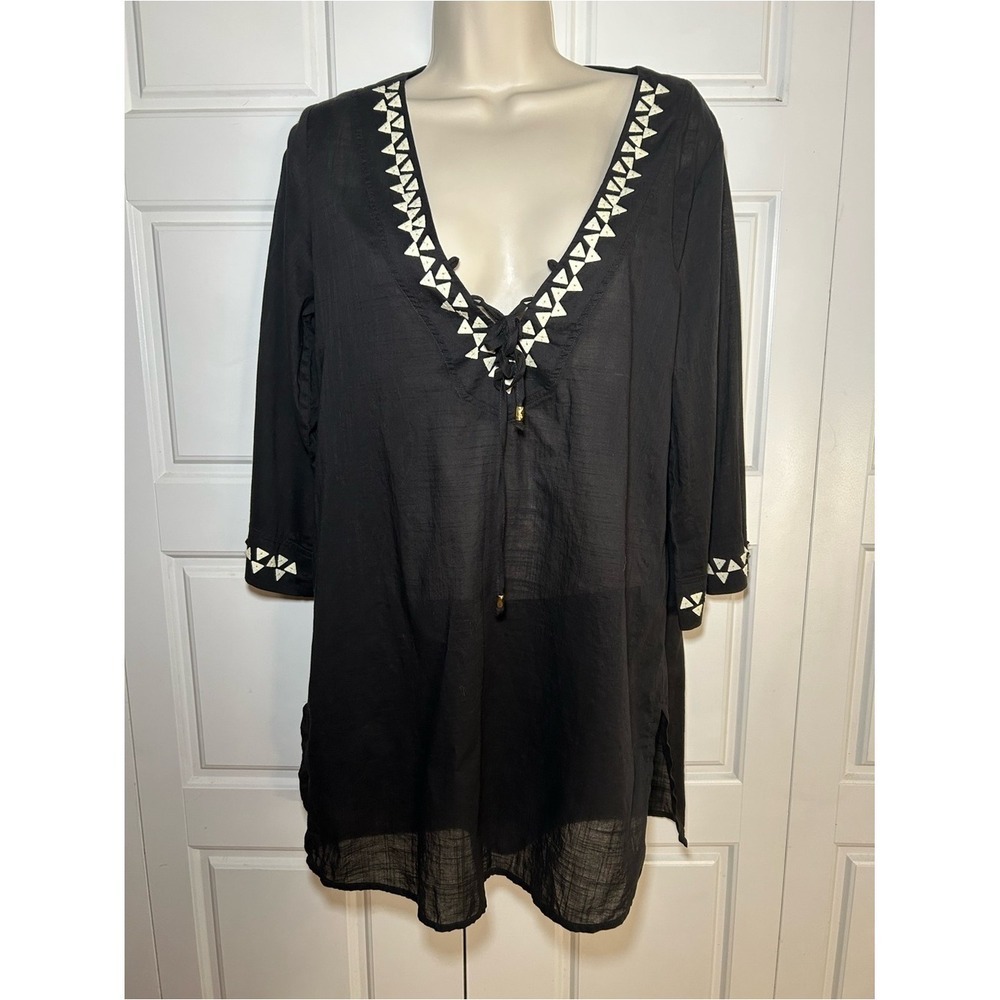 Trina Turk Swim Cover Up Womens M Black Tunic Lace Up V Neck Beaded Beach Resort - Picture 2 of 9